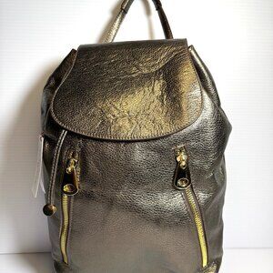 Alberto Di Canio Soft Metallic Black Leather Backpack With Gold Accent Hardware